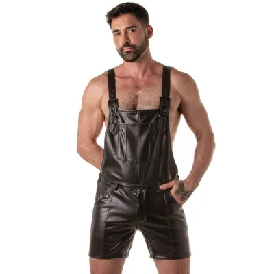 Punch hole leatherette salopette courte noir XL