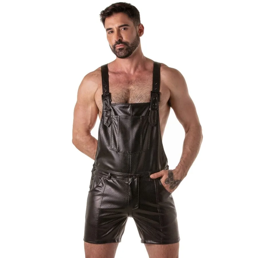 Punch hole leatherette salopette courte noir XL