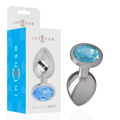 Intense - metalen aluminium anale plug met blauwe kristallen maat S