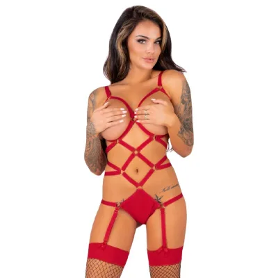 Livco corsetti fashion - thiara lc 20213 set body + stockings red L/XL