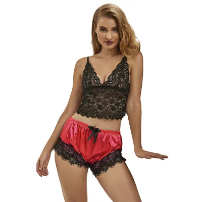Subblime - 953959 casual silk nightgown + lace pants BLACK/RED S/M