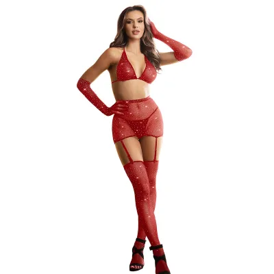 Subblime - 952181 bodystocking resille avec gants et diamants rouge taille unique