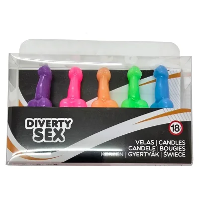 Box of 5 penis-shaped candles in different colors