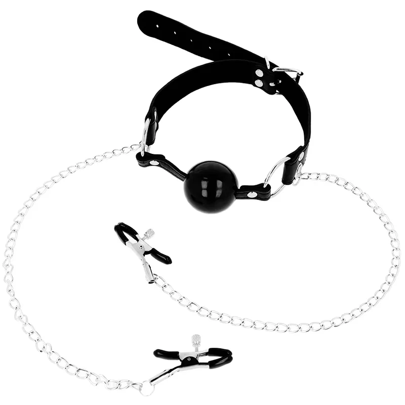 Ohmama fetish - bavaglio nero con pinze per capezzoli