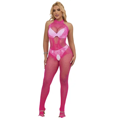 Subblime - 952389 bodystocking résille et dentelle sans fourrure avec col montant rose taille unique