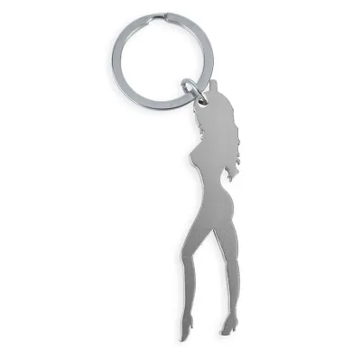 Schlüsselanhänger mit weiblicher silhouette in silberfarbe mit bieröffner