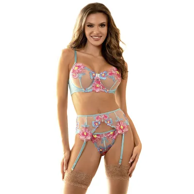Subblime - 954109 soutien-gorge + culotte avec porte-jarretelles motif floral bleu S/M