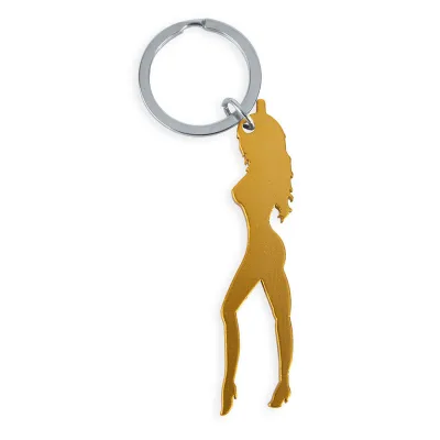 Schlüsselanhänger mit weiblicher silhouette in goldfarbe mit bieröffner