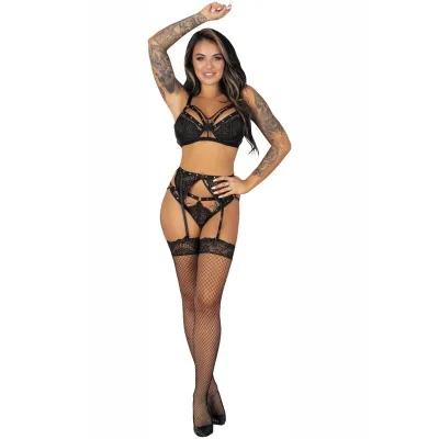 Livco corsetti fashion - pojzon lc 90670 sujetador + medias + liguero + panty negro S/M