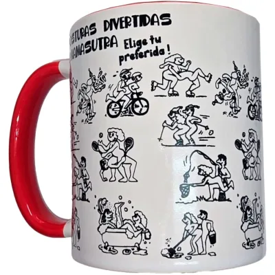 Weisser becher mit kamasutra-stellungen und rotem henkel 370 ml