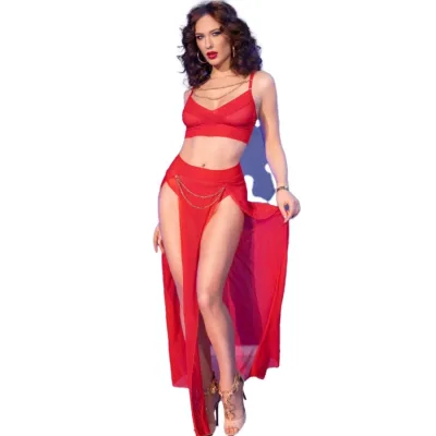 Chilirose - cr 4850 ensemble top et leggings rouge avec accessoires dorés XL