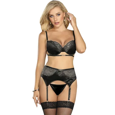 Subblime - set de 3 piezas sujetador + tanga + liga encaje negro S/M