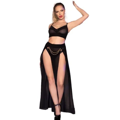 Chilirose - cr 4672 : haut noir, jupe et string avec chaînes dorées, taille M