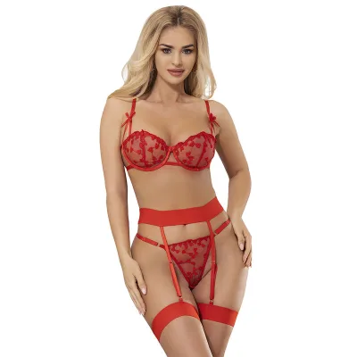 Subblime - 954321 soutien-gorge + string + porte-jarretelles imprimé coeur rouge S/M