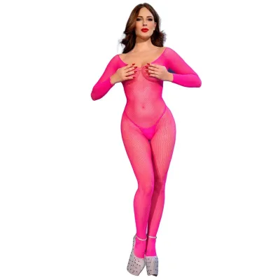 Chilirose - cr 4894 neon pink mesh bodystocking S/M