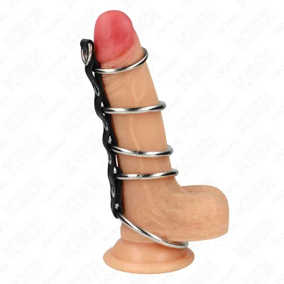 Kink - 5 anneaux pénis en métal de 3,2 cm à 5 cm connectés par du cuir