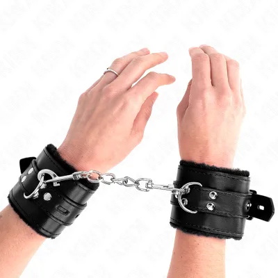 Kink - fur lined wrist restraints with square holes black and black belt adjustable 17-29 cm x 6 cm