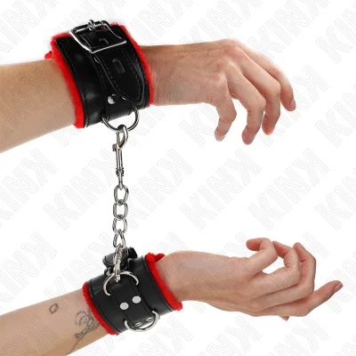 Kink - fur lined wrist restraints with square holes red and black belt adjustable 17-29 cm x 6 cm