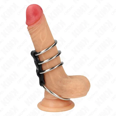 Kink - 4 anneaux pénis en métal de 3,7 cm à 5 cm connectés par du cuir