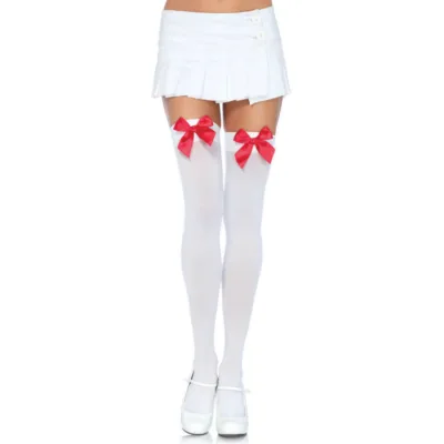 Leg avenue - nylon thigh highs with bow white / red